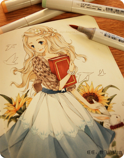 繪畫臨摹素材 人物線稿手稿素描線條稿插畫圖集 彩色漫畫效果圖