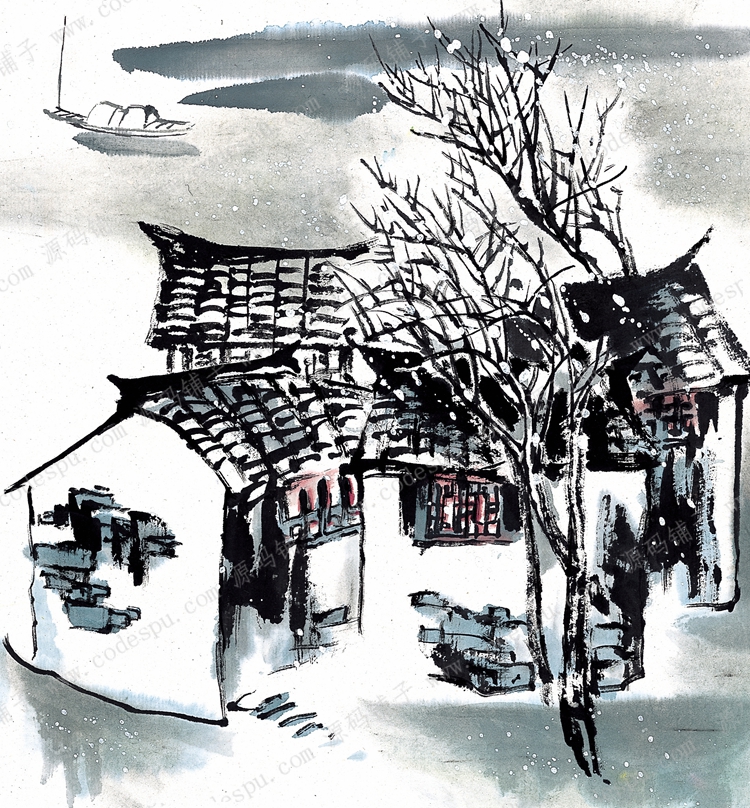 冬秋天江南水鄉風景水墨畫_古鎮國畫素材高清大圖素材