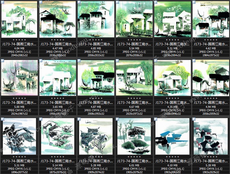 冬秋天江南水鄉風景水墨畫_古鎮國畫素材高清大圖素材