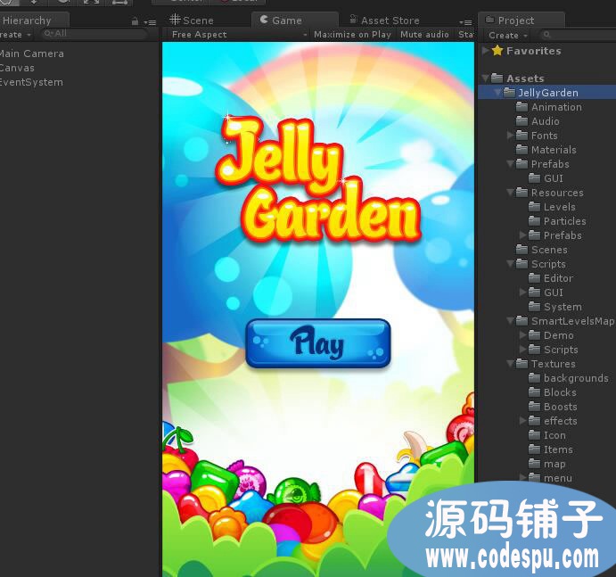 unity三消游戲《果凍花園》源碼v1.6 Unity5.3.3 以上版本打開