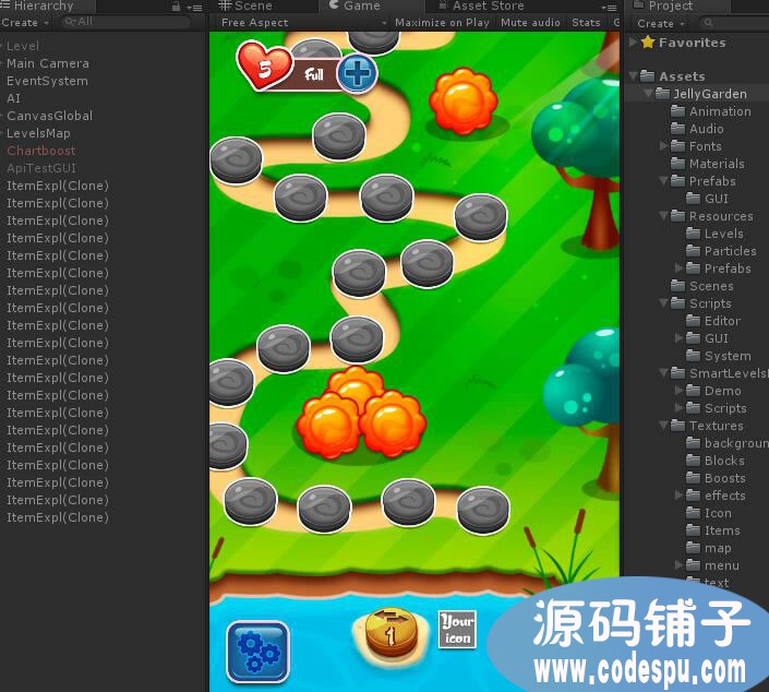 unity三消游戲《果凍花園》源碼v1.6 Unity5.3.3 以上版本打開