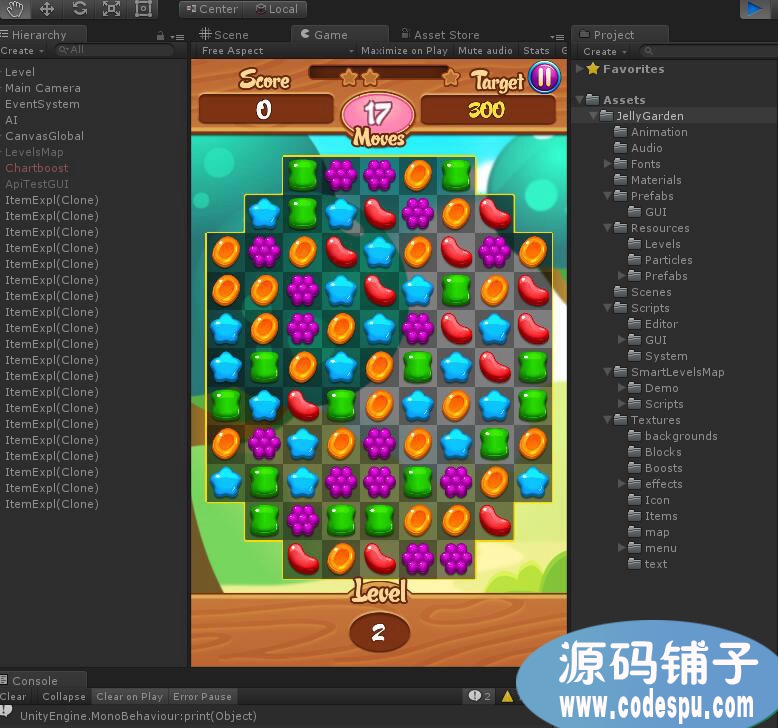 unity三消游戲《果凍花園》源碼v1.6 Unity5.3.3 以上版本打開